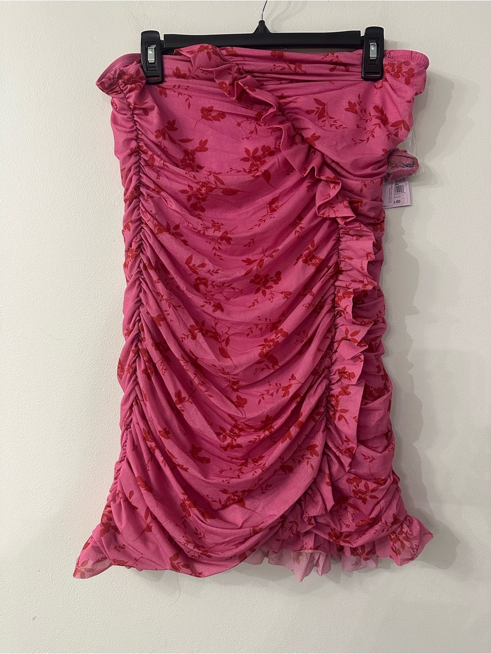 wild fable Pink Strapless Ruched Floral Dress with Red Print